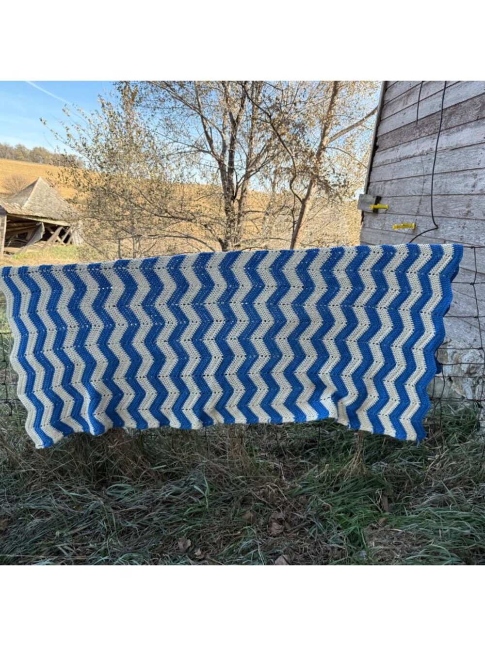 Vintage 70's Blue and White Stripe Chevron Acrylic yarn Crochet Afghan